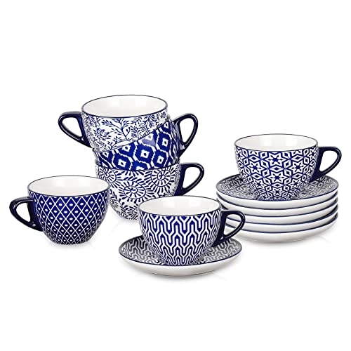 Vintage Blue 8oz Ceramic Cappuccino Cup Set with Saucers - Pack of 6