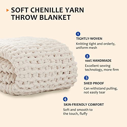 L'AGRATY Chunky Knit Throw Blanket 50" x 60" - Soft Handmade Chenille (Ivory)