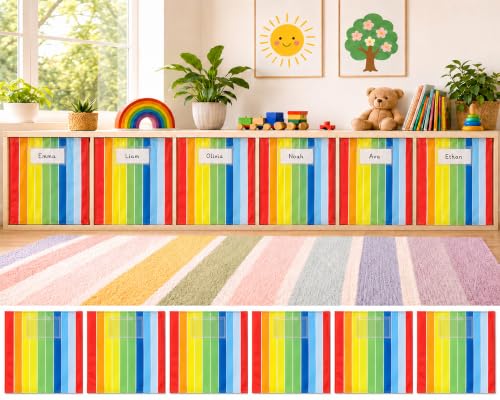 6-Piece Rainbow Classroom Cabinet Curtains for Shelves with Label Pockets