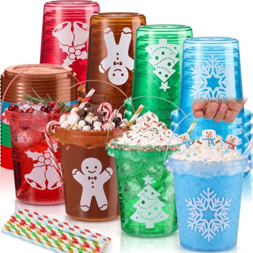 Ceenna 24 Pack Christmas Plastic Drink Buckets 34oz with Lids & Straws - Classic Holiday Design