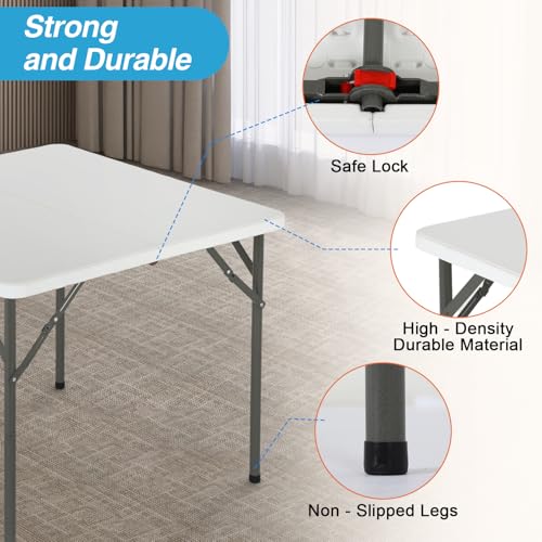 34-Inch Square Portable Plastic Folding Table with Carry Handle & Steel Frame