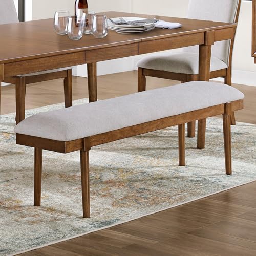 59-Inch Mid-Century Modern Upholstered Dining Bench, Gray Fabric