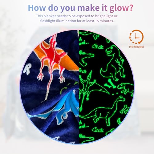 Glow in the Dark Dinosaur Throw Blanket for Kids, Soft Fleece 40x50 Inch