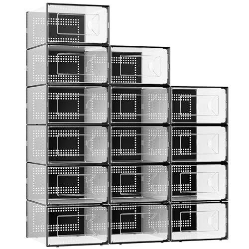 Clear Plastic Stackable Shoe Storage Boxes - 15 Pack Interlocking Organizers