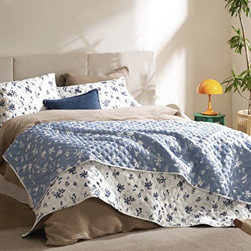 Bedsure Queen Floral Quilt Set - Reversible Blue Daisy Coverlet Bedspread