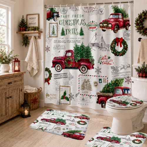 Christmas Red Truck Bathroom Set with Shower Curtain and Rugs - Holiday Decor, 72x72 (Variation: Christmas-6)
