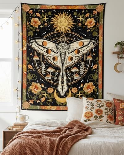 Vintage Orange Moth Tapestry - Boho Floral Mushroom Wall Hanging (30" x 40")