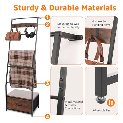 5-Tier Metal Blanket Ladder with Storage Drawer and Hooks, 63-Inch
