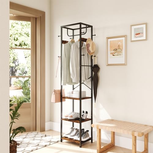 Industrial Freestanding Hall Tree with 3 Shelves and 12 Hooks, Rustic Brown