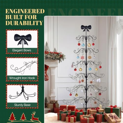 6ft Wrought Iron Christmas Ornament Display Tree Stand with Bow Topper