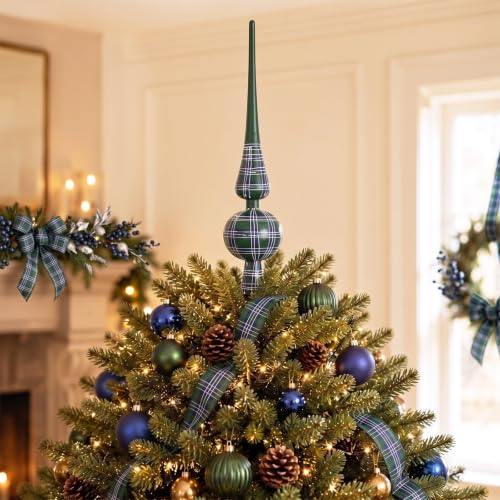 12'' Green Tartan Christmas Tree Topper Double Gourd Finial Ornament - Hand-Painted
