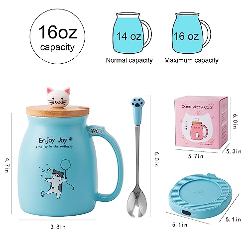 Blue Cat Mug Warmer Set with Ceramic Cup & Spoon - Electric Heated Desk Coffee & Tea Warmer