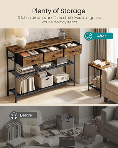 Rustic Narrow Console Table with 3 Fabric Drawers and 2 Mesh Shelves
