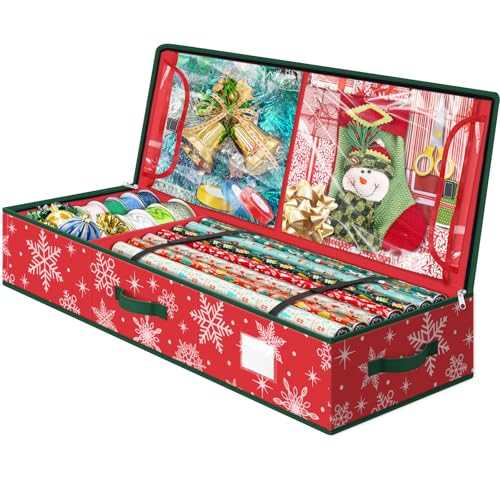 Christmas Gift Wrap Organizer Storage Box with Clear Pockets & Dividers