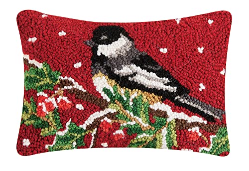 Peking Handicraft Chickadee on Branch Christmas Throw Pillow 12-inch Wool Velvet
