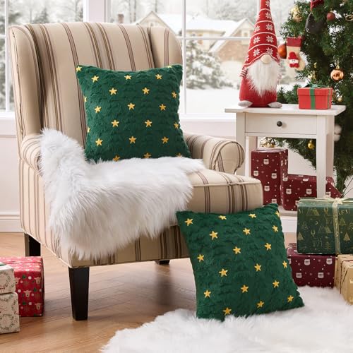 MIULEE Christmas Pillow Covers 18x18 Inch Set of 2, Dark Green Christmas Tree Plush Faux Fur Pillowcases Soft Decorative Throw Pillow Cases for Couch Sofa Living Room Winter Xmas Holiday Home Decor