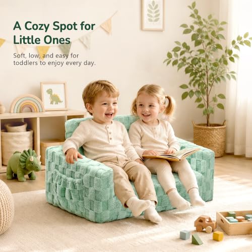 2-in-1 Fold-Out Toddler Couch and Lounger, Soft Flannel Kids Sofa - Green