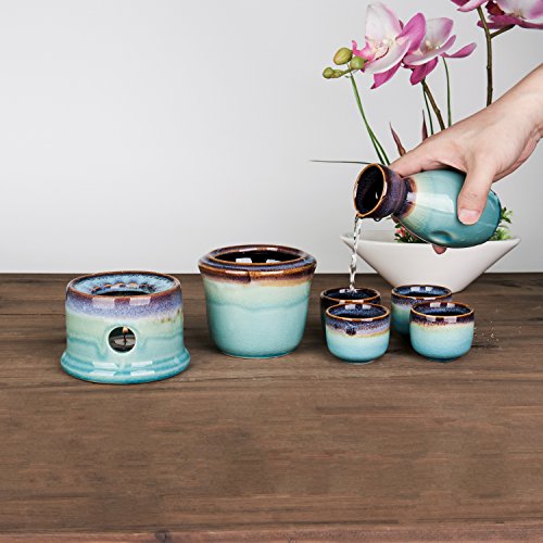 MyGift 7-Piece Sake Set with Ceramic Carafe, Cups & Warmer - Japanese Style