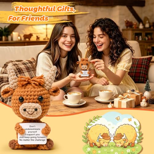 Handmade Highland Cow Crochet Plush with Positive Affirmation Card