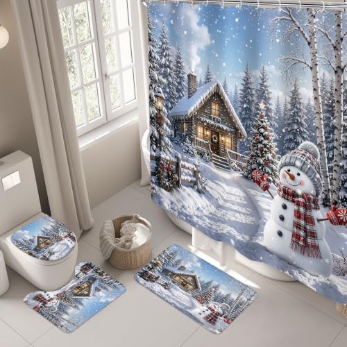 Riyidecor Christmas Snowman Bathroom Shower Curtain Set with Rugs, White, 72" x 72" - 4 Pieces