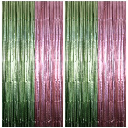 Dusty Pink & Sage Green Foil Fringe Curtain Backdrop - 2 Pack (3.3 x 6.6 ft)