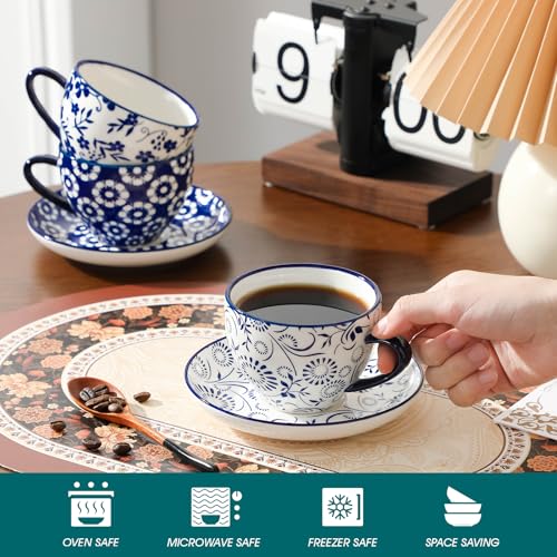 Vancasso 8oz Cappuccino Cups with Saucers Set of 6 - Porcelain Coffee Mug Set