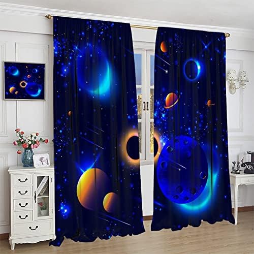Outer Space Blackout Curtains Galaxy Solar System Planetary System Black and Blue Window Curtains for Kids Boys Girls Room Bedroom Decor Science Fiction Window Drapes 2 Panels 42x45 Inch