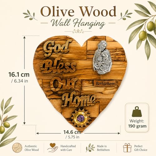 Olive Wood Holy Family Heart Plaque – Bethlehem Carved Wall Decor with Pewter Medallion & Frankincense Capsule