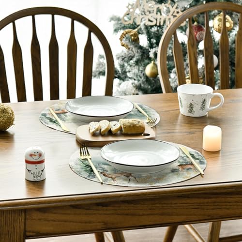 Artoid Mode 14" Round Placemats Set of 6 – Watercolor Deer, Trees & Snowflakes, Green