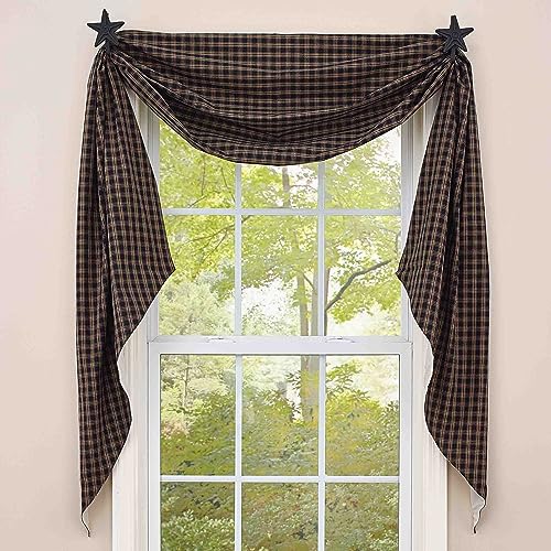 Fishtail Swag Window Scarf 145" x 25" Black and Tan Plaid Cotton Topper