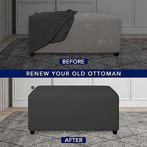 Stretch Rectangle Ottoman Cover - Soft Fleece Footstool Slipcover (Dark Gray)