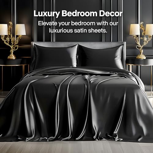 BEDELITE Satin Sheets Queen Size Bed Set Black 4-Piece Silky Cooling