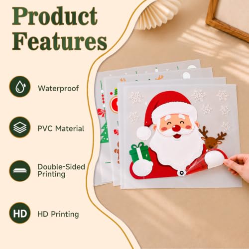 Christmas Window Clings Static Decals Set - Santa Snowflake Reindeer, 6 Sheets