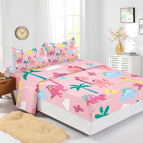 Axolotl Pink Twin Dinosaur Bedding Set - 4Pcs Kids Sheet Set with Fitted & Flat Sheets + Pillowcases