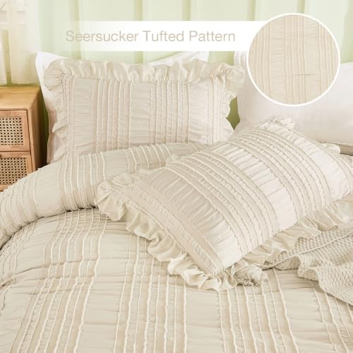 Boho Beige Seersucker Queen Comforter Set with Ruffles