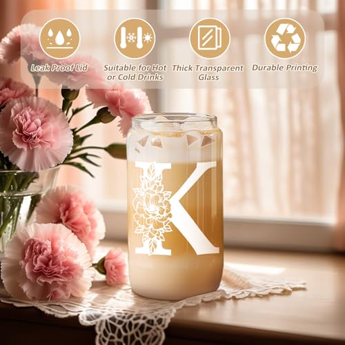 Monogrammed 16 oz Glass Tumbler with Lid and Straw for Iced Coffee