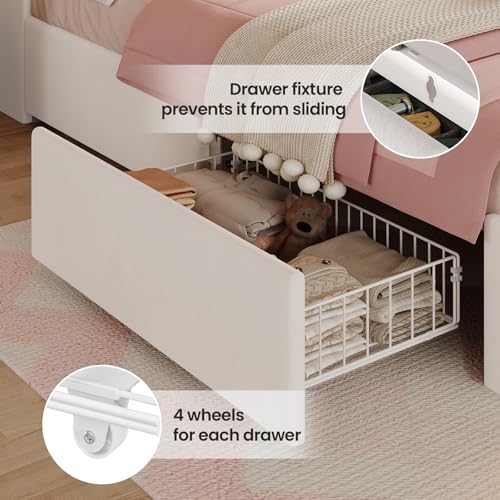 Full Size Bed Frame with Storage Drawers, LED Lights and Charging Station
