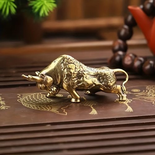Bronze Zodiac Ox Statue - Creative Floral Design Brass Figurine | 2-Piece Decorative Cow Ornament