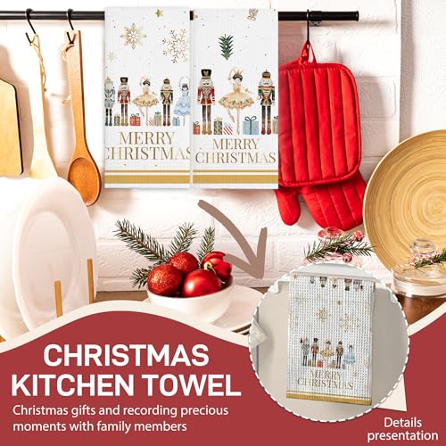 GREOXG Nutcrackers Christmas Kitchen Towels Set of 2, Snowflake Xmas Tree Absorbent Hand Towels, Holiday Decor