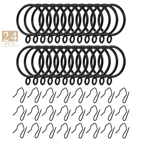 24-Piece Metal Curtain Rings with Hooks, 1.25-Inch Inner Diameter, Black
