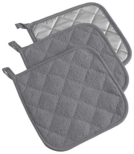DII Basic Terry Cotton Potholders Set - Gray 3 Piece Kitchen Heat-Resistant Gloves