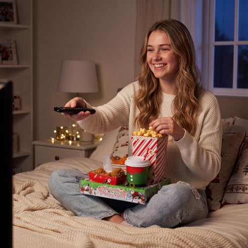 Santa Christmas Movie Night Snack Tray Set - 24 Pcs with Cups, Straws & Stickers