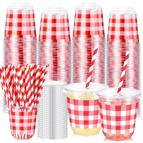 Checkered Red Race Car Party Cups Set with Lids & Straws - 100 Pieces