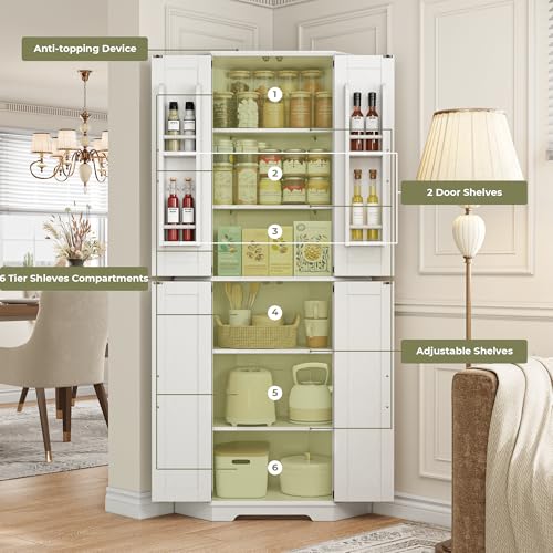 72-Inch Farmhouse Corner Pantry Cabinet with 6-Tier Adjustable Shelving