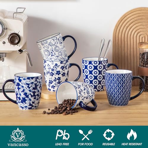 Vancasso Selene 16 Oz Blue Floral Coffee Mug Set of 6 - Large Porcelain Tea & Coffee Cups with Handle, Dishwasher & Microwave Safe