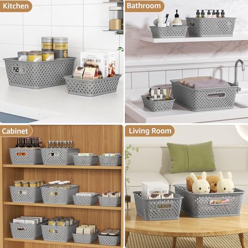 3 Pack Plastic Storage Baskets Large Grey Woven Storage Bins