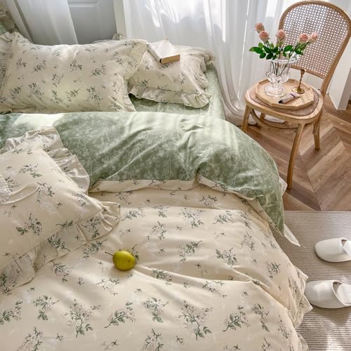 Reversible Sage Green Floral Duvet Cover Set - 100% Cotton Queen Bedding with Ruffle Lace