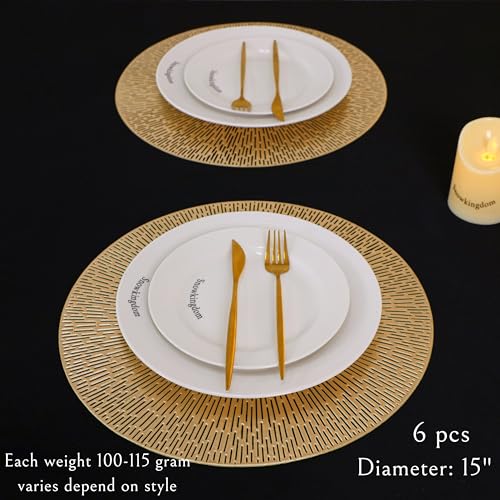 15-Inch Gold Metallic Round Placemats - Set of 6 Washable Vinyl Table Mats