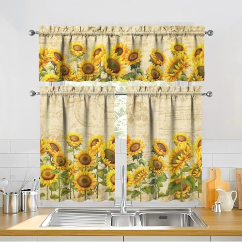 Sunflower Kitchen Curtains 3 Piece Set | Valance & Tier Panels
