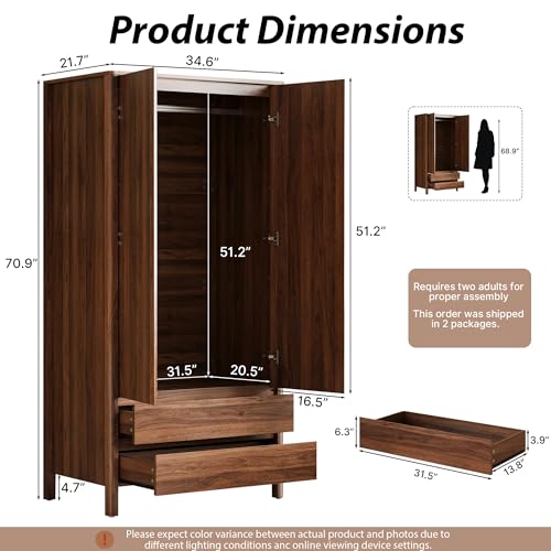 Modern Walnut Wardrobe with 2 Doors and 2 Drawers, 71-Inch Bedroom Armoire